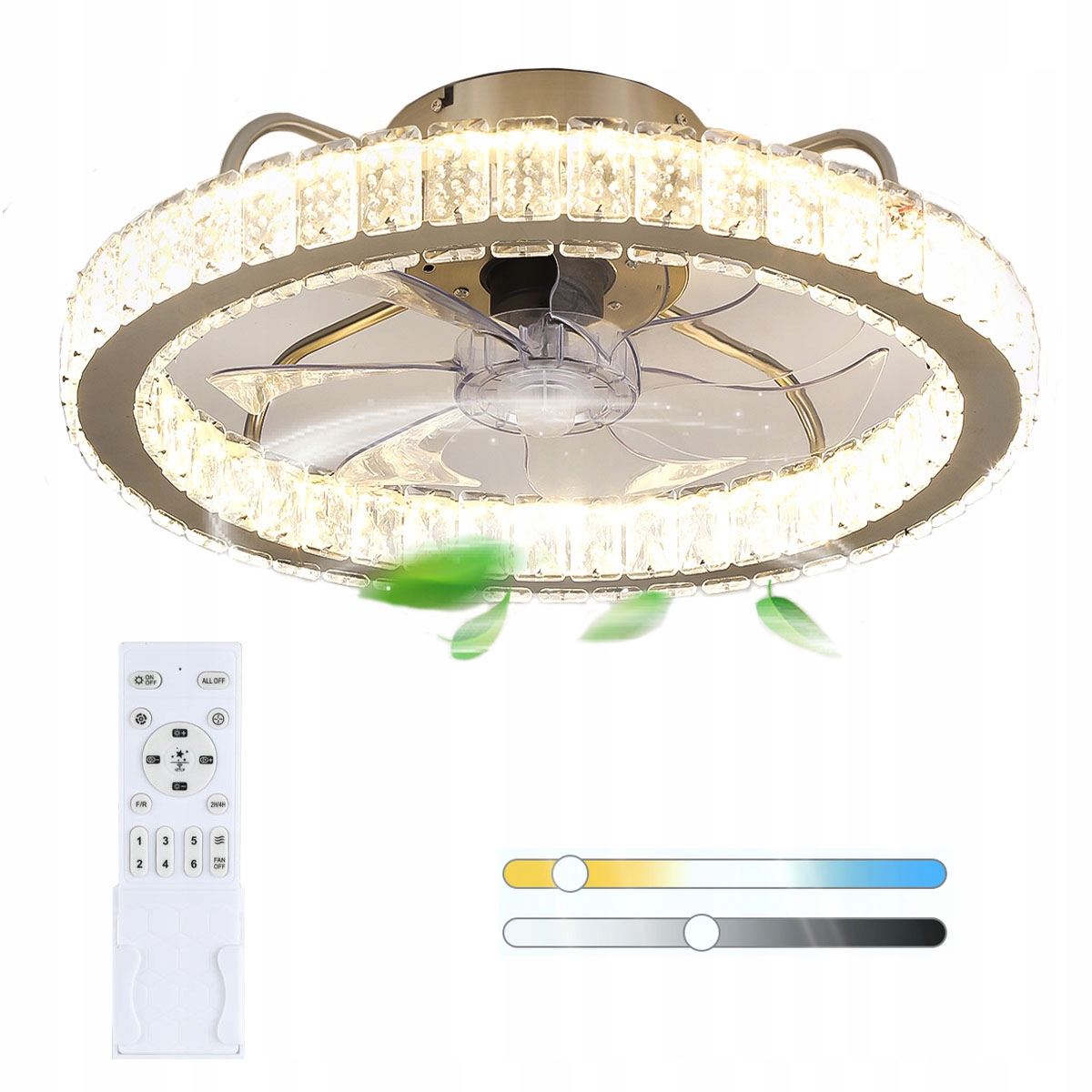 WENTYLATOR SUFITOWY LED 47W Z REGULACJĄ JASNOŚCI, KRYSZTAŁOWA LAMPA SUFITOWA Z REGULACJĄ PRĘDKOŚCI