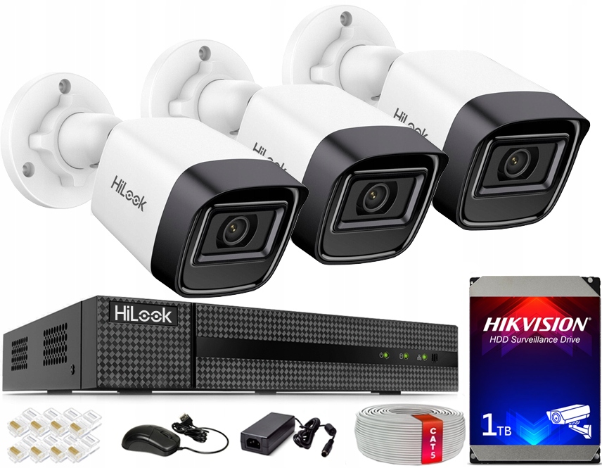 Zestaw Kamer Zewnętrznych PoE 3 Kamery 4MPx Monitoring HiLook Podgląd Apka