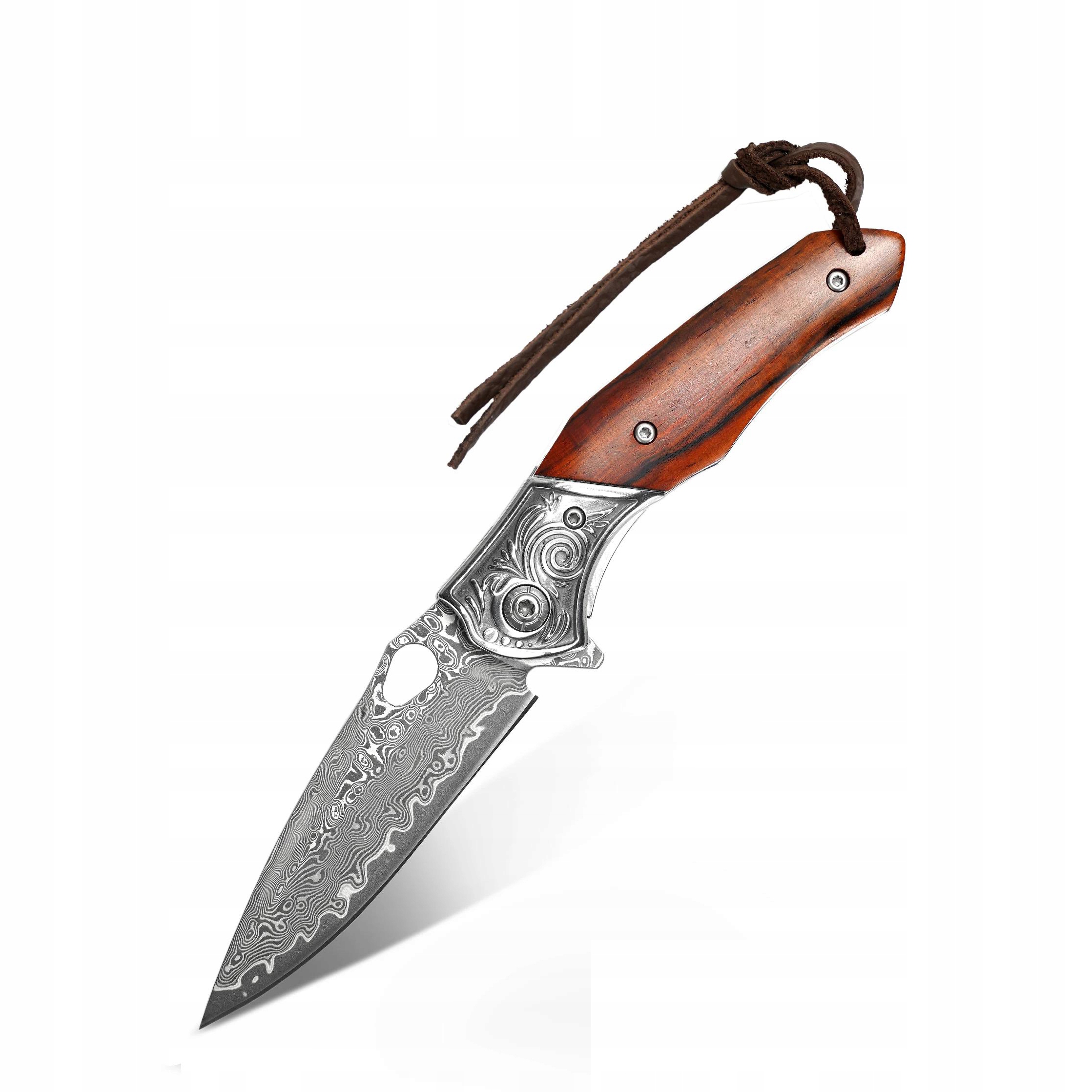 Scyzoryk Stal Damasceńska 18cm Drewno Uchwyt Outdoor Camping