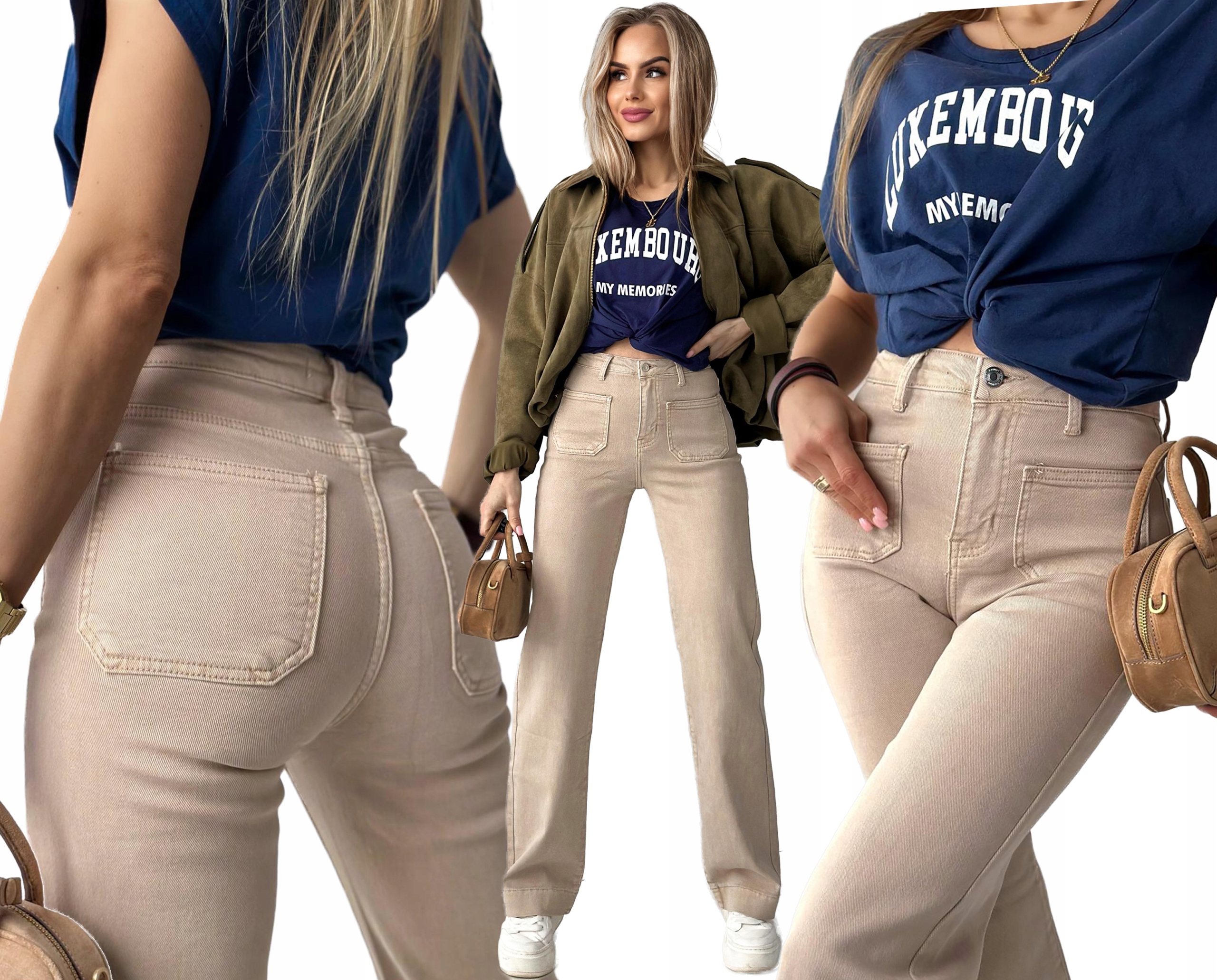 Beżowe Spodnie damskie Jeansy szwedy Wide Leg szeroka nogawka XL Naomi