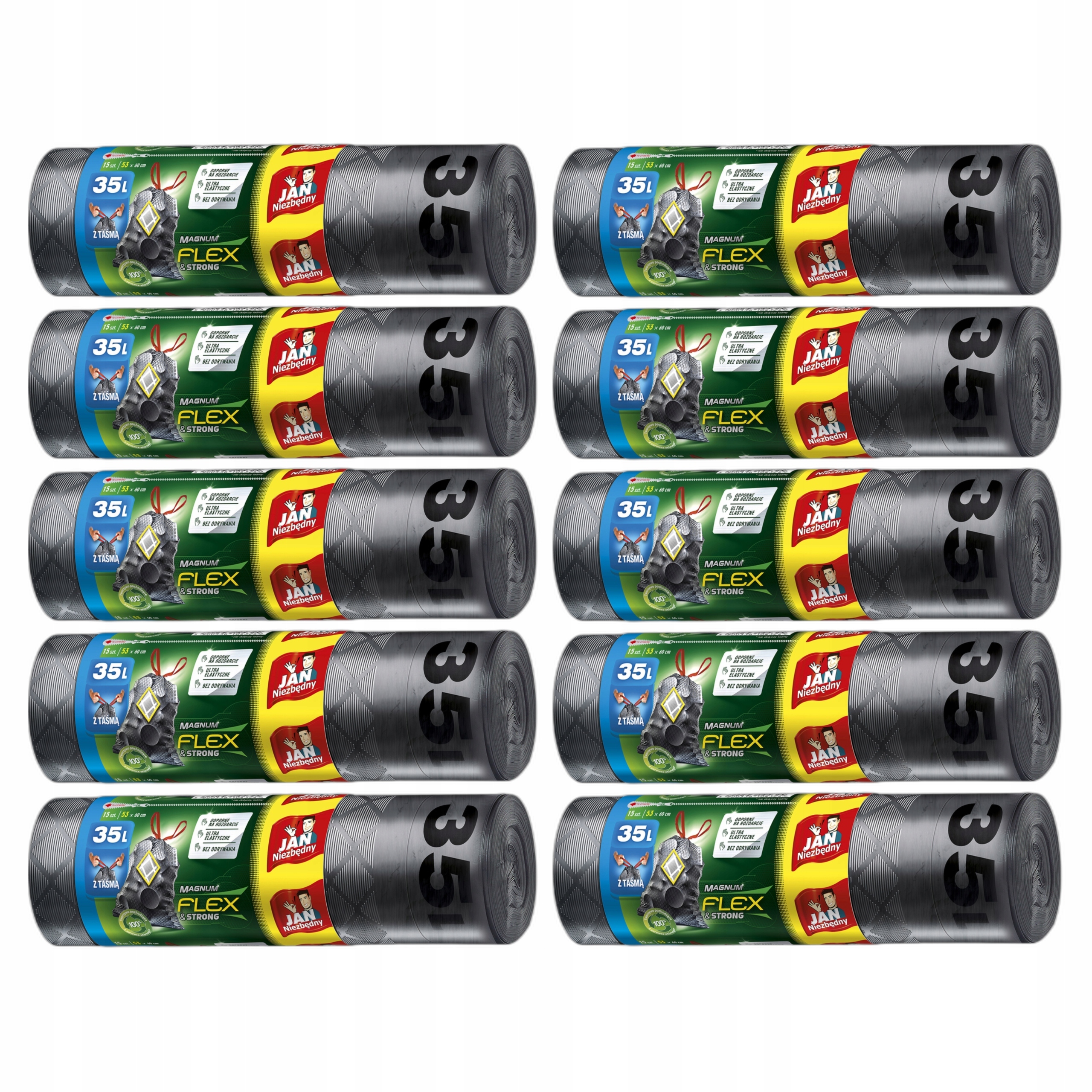 Levně Silné pytle na odpadky Jan Niezbędny černé s páskou 35 l 15 kusů 10 rolí