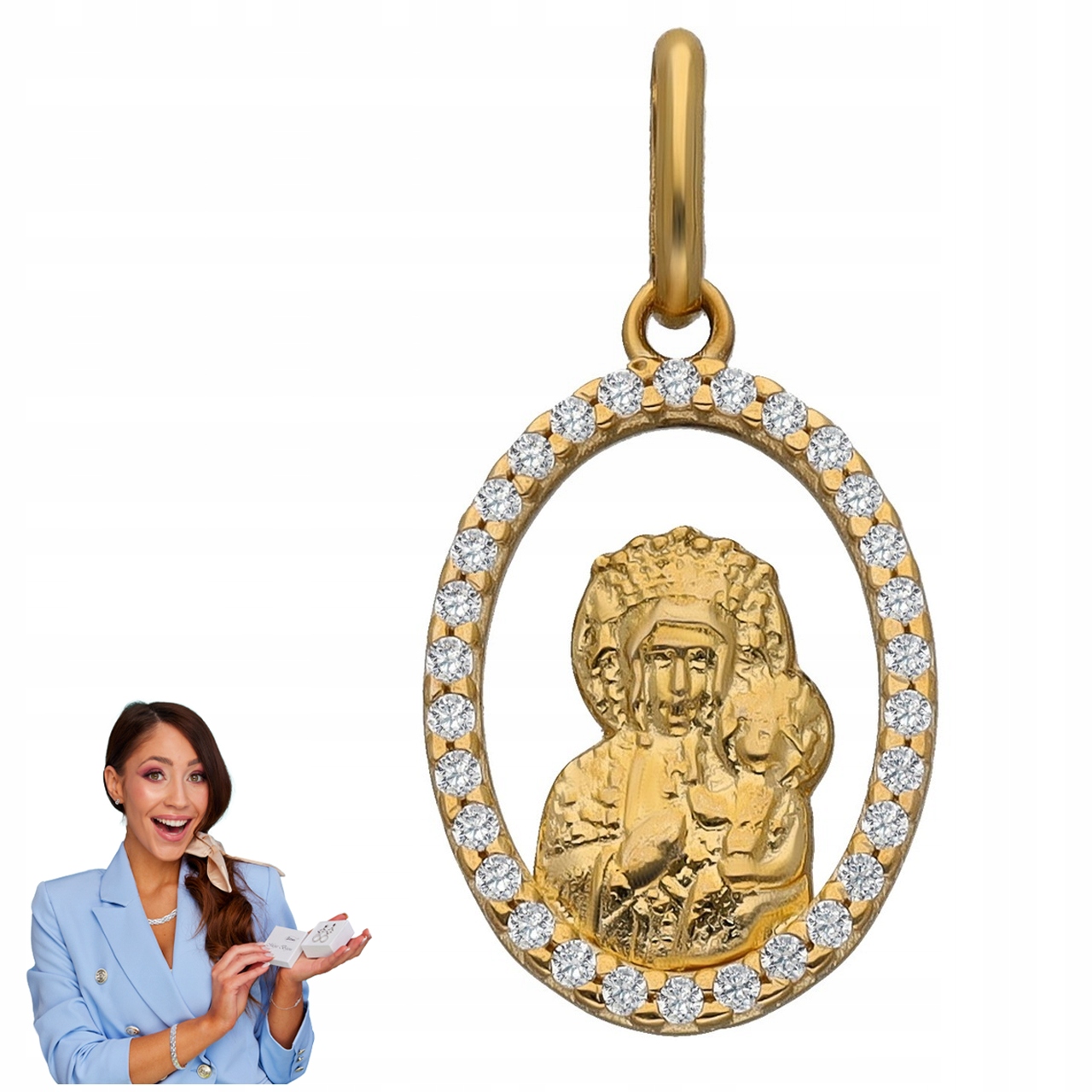 Panna Maria Čenstochovská Zlatý Medailonek Madona Zirkony Au585