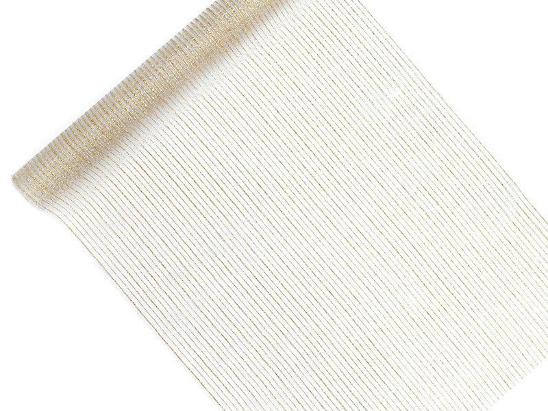 

Organza Biała / Nadruk Złote Paseczki / 0,48x9m