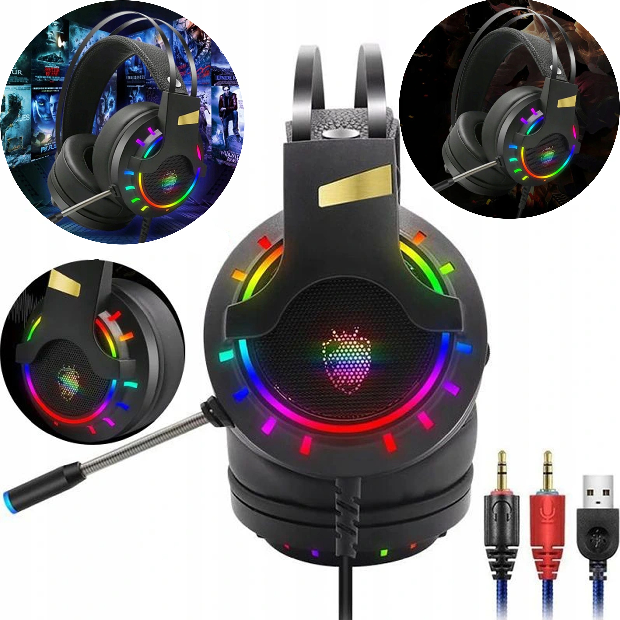 SŁUCHAWKI GAMINGOWE RGB LED MIKROFON USB JACK