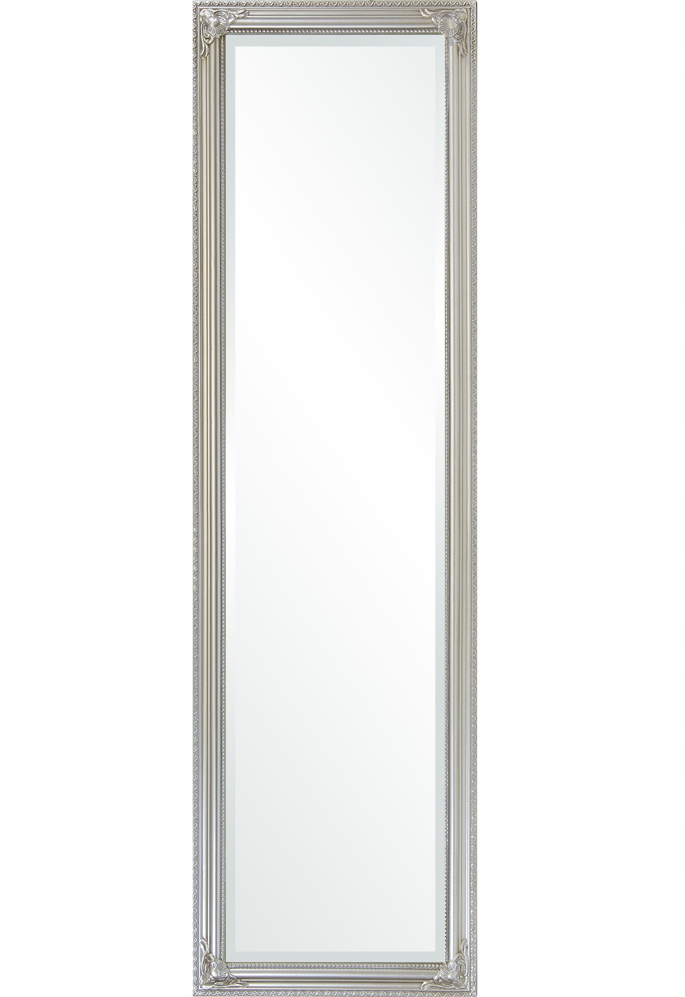 Sklenené strieborné závesné zrkadlo s úzkym strieborným rámom, zdobené rámami paláca