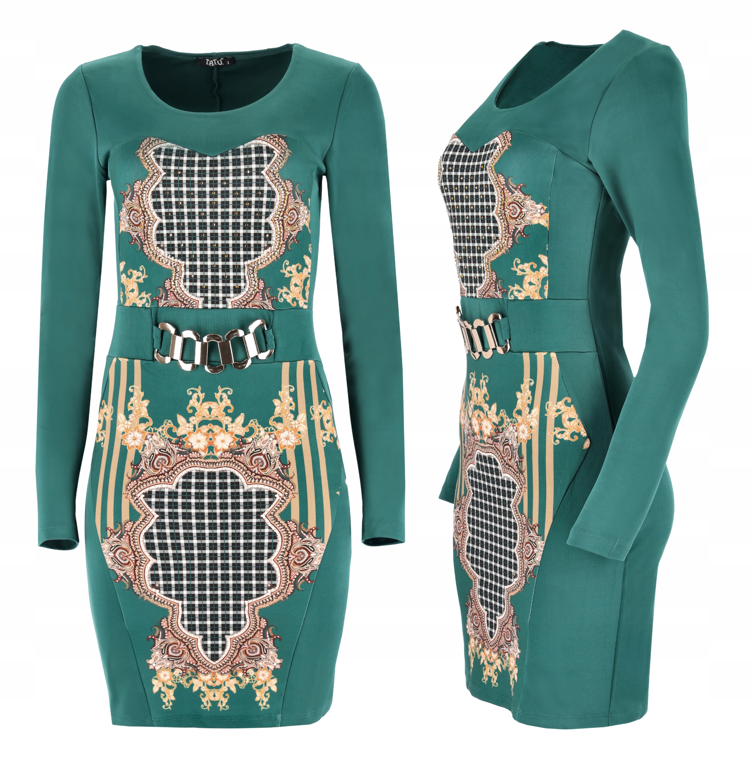 Přiléhavá Elegantní Šaty S Ozdobami A Vzorem Viskózy, Zelená L