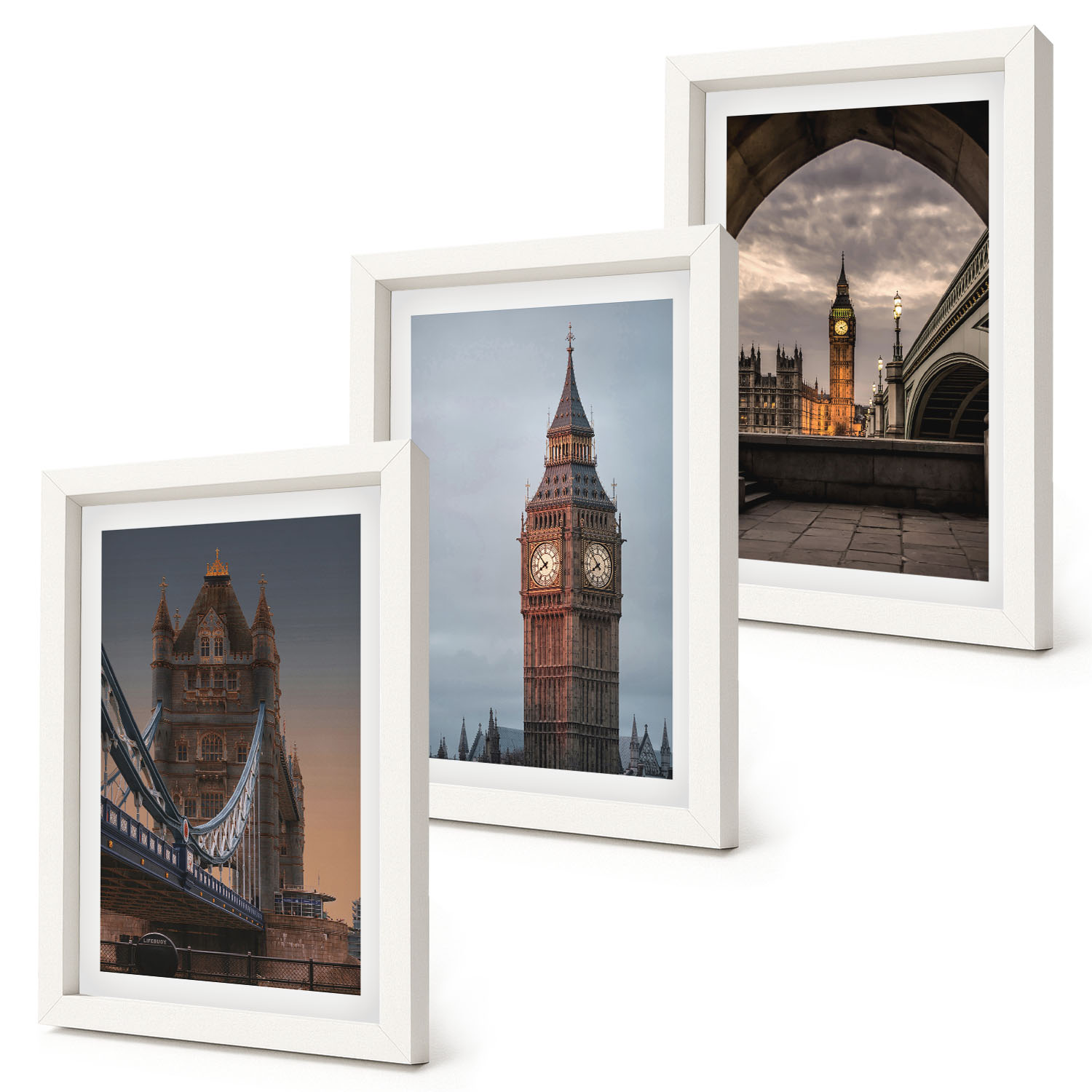Stylový dekorativní obraz na zeď Londýn most hodiny Big Ben Bílý rám