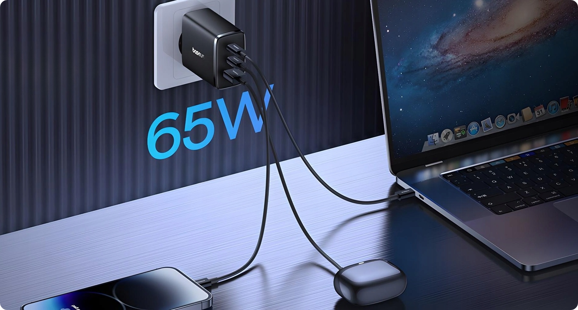 BASEUS SZYBKA ŁADOWARKA ZASILACZ 3x USB USB-C TYP-C 65W PD3.0 QC3.0 AFC SCP Marka Baseus