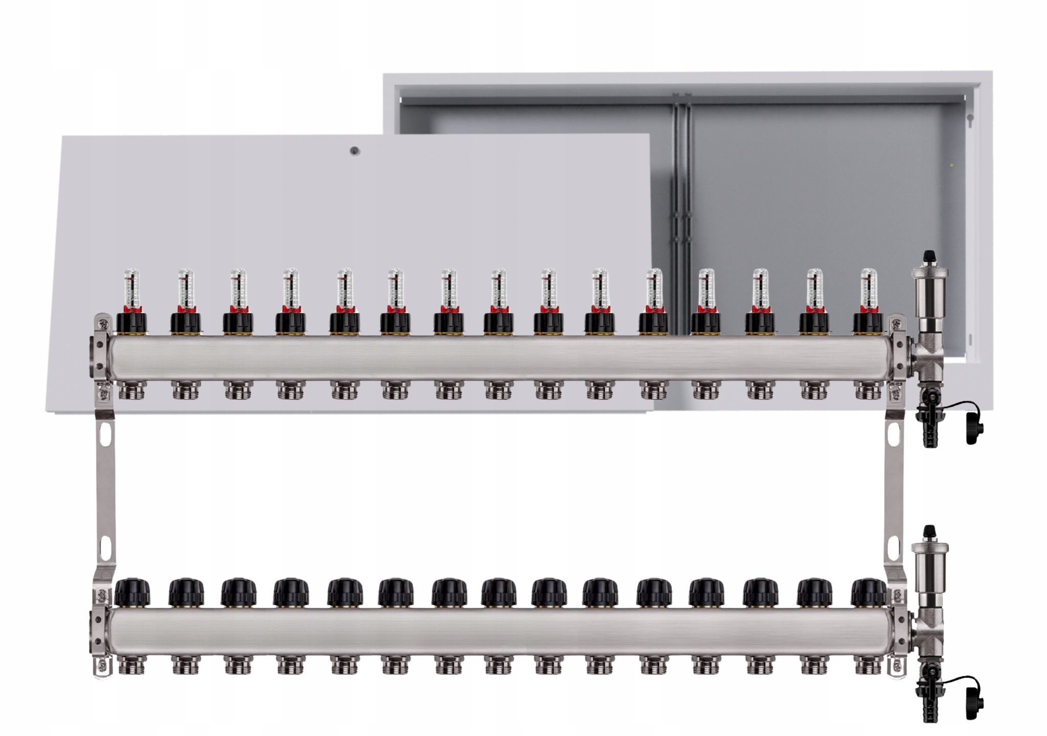 Nerezový rozdělovač na podlahu 15 okruhů s nástěnnou schránkou