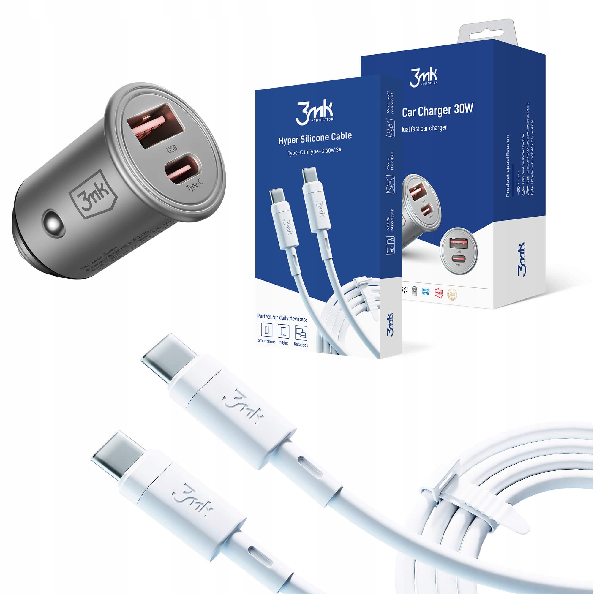 

Zestaw Ładowarka samochodowa 30W Kabel Usb-c 60W