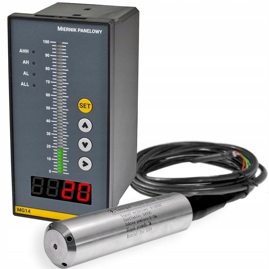 Zestaw pomiar poziomu wody 0-2m miernik czujnik wskaźnik sterownik 230V