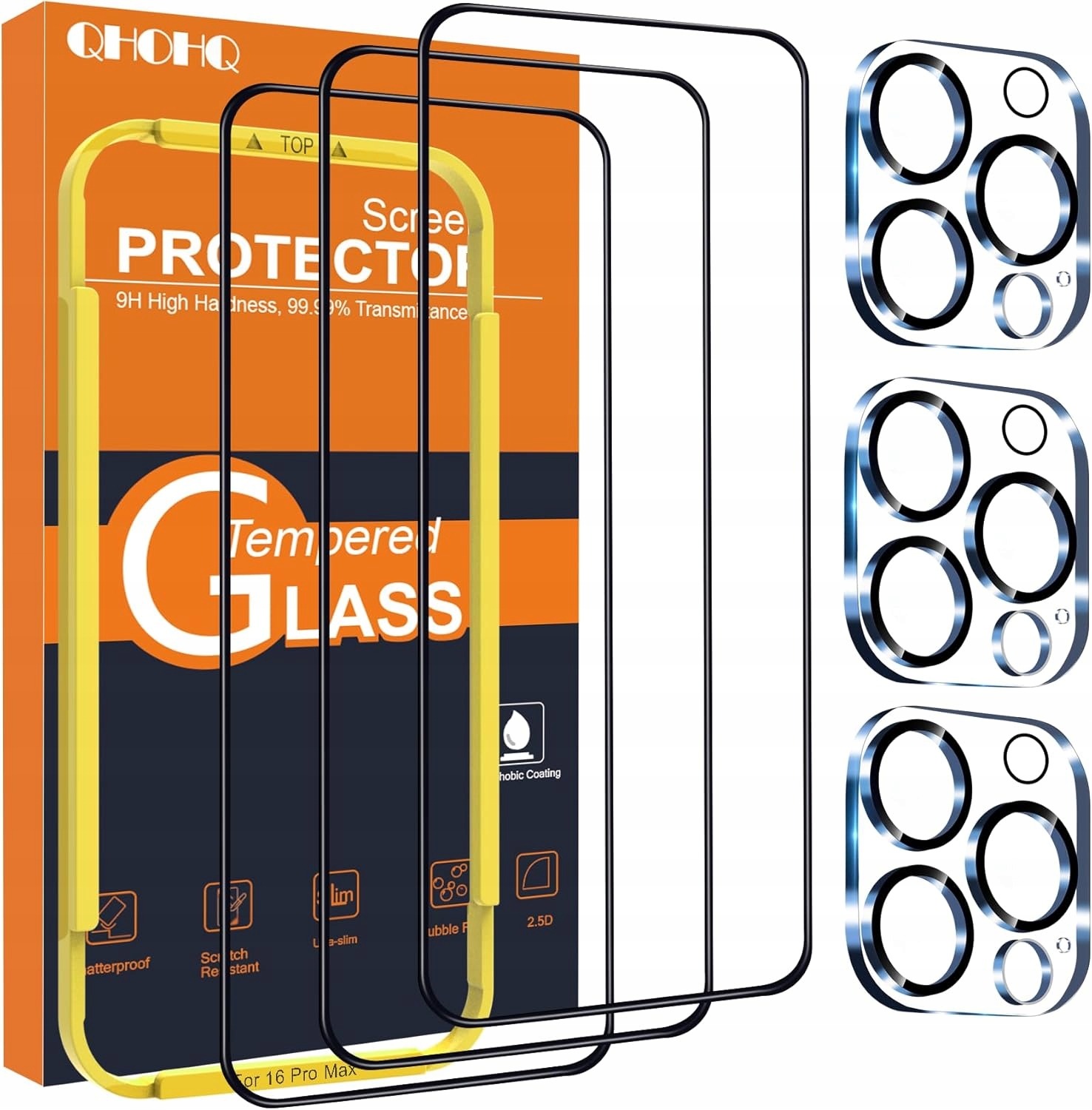 Szkło Hartowane Qhohq iPhone 16 Pro Max Folia 9H 3szt Osłona Aparatu 3szt