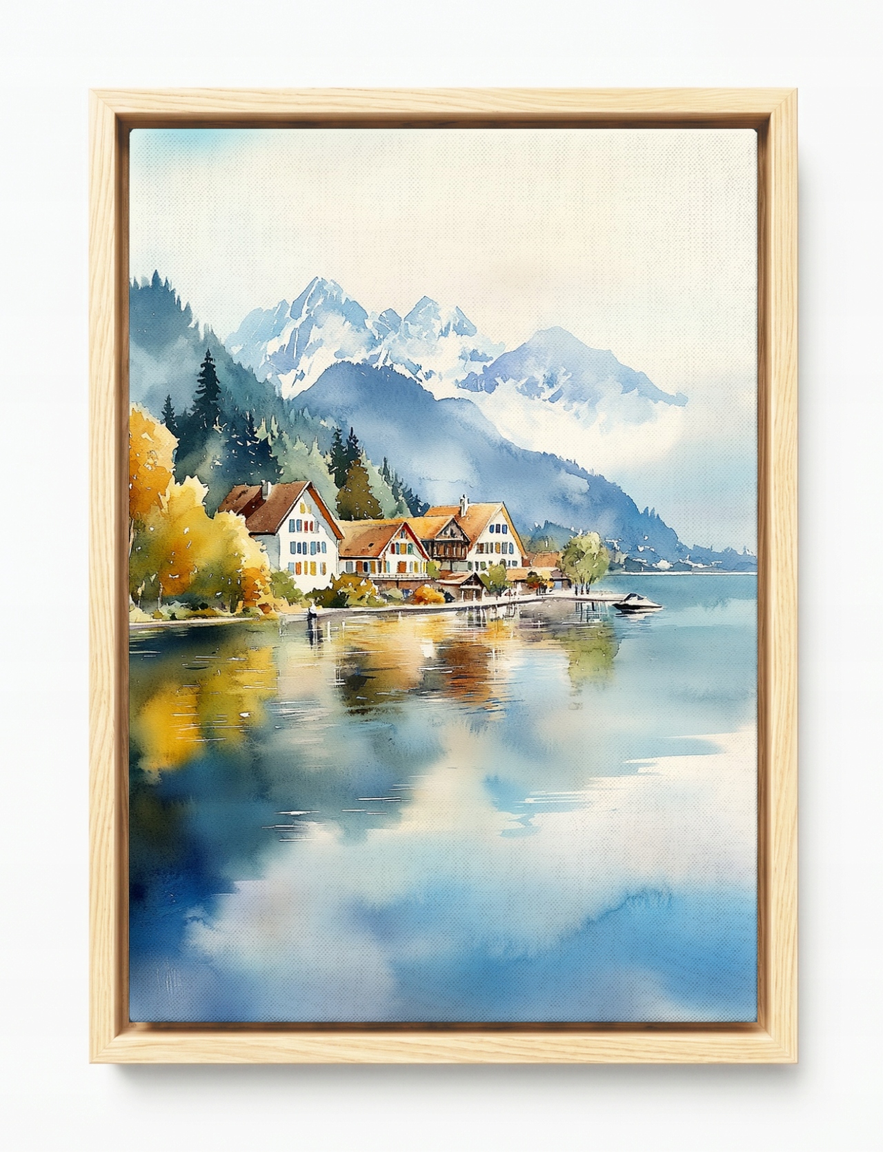 Obraz Rám Americký Box Krajina Podzim Hory Alpy Jezero Domky 40x60