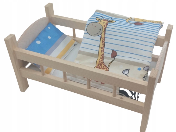 ŁÓŻECZKO DREWNIANE DUŻE dla lalek POŚCIEL 3 EL.