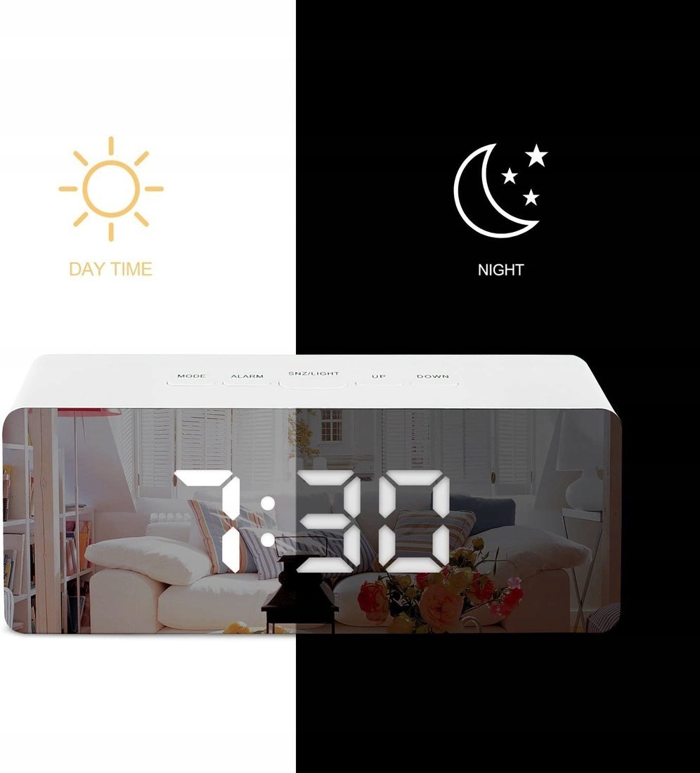 ZEGAR ELEKTRONICZNY LED STOJĄCY BUDZIK LUSTRO ALARM ZEGAREK Tarcza cyfrowa