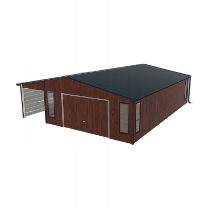 Plechová garáž 5.5 x 9 m s přístřeškem Tmavý ořech