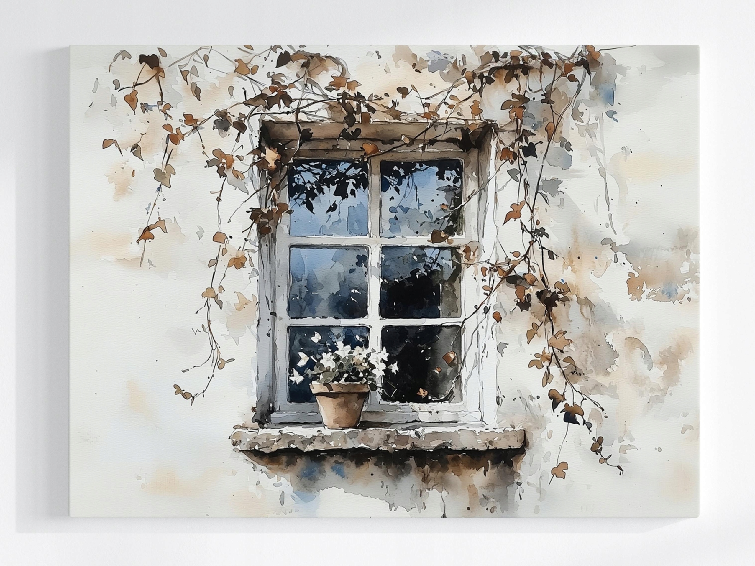 Obraz Na Plátně Canvas Okno Břečťan Květináč Květiny Popínavý Akvarel 80x60