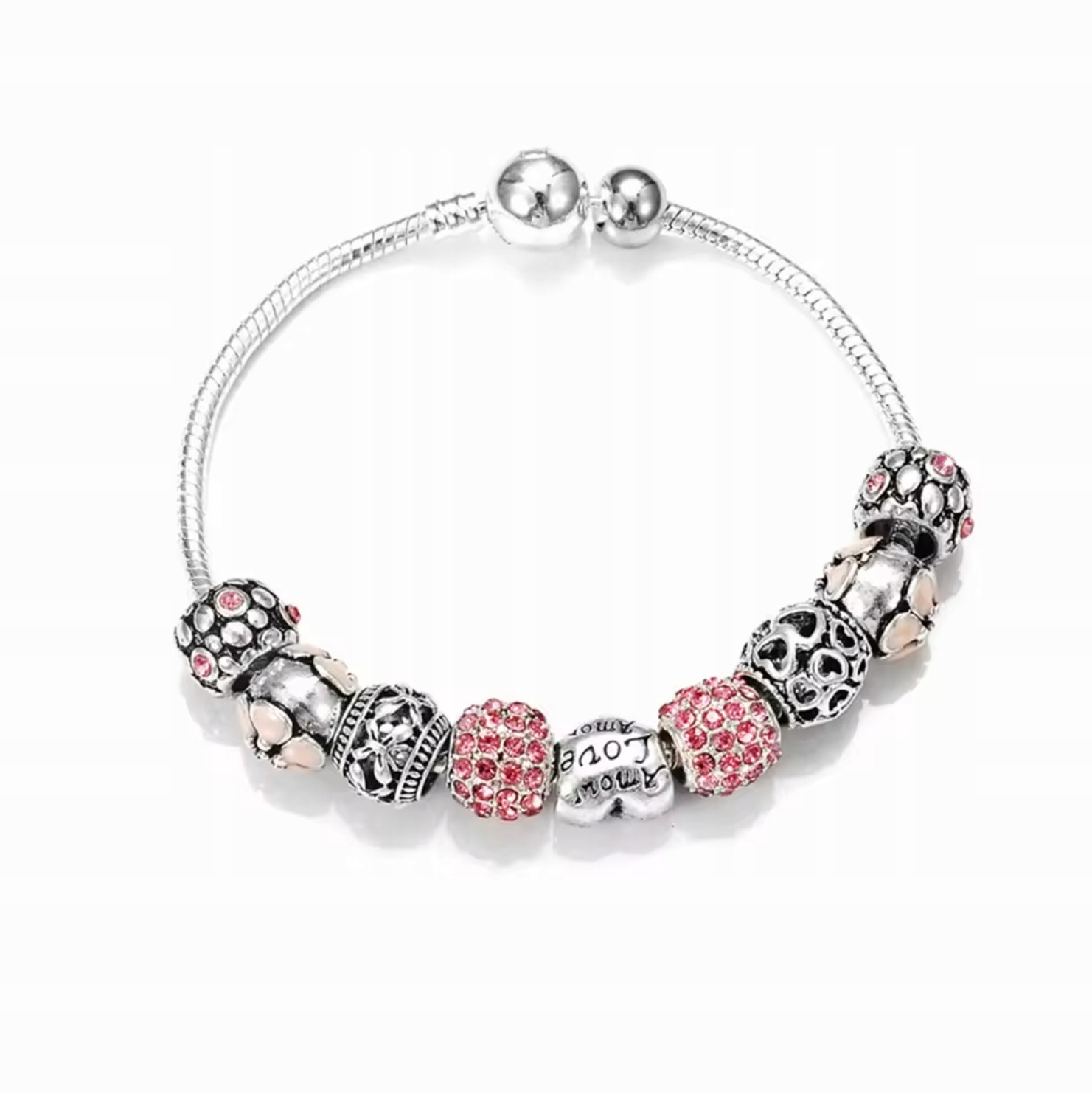 Stříbrný náramek Charms Beads Turmalín Květiny Srdce Láska Růžová
