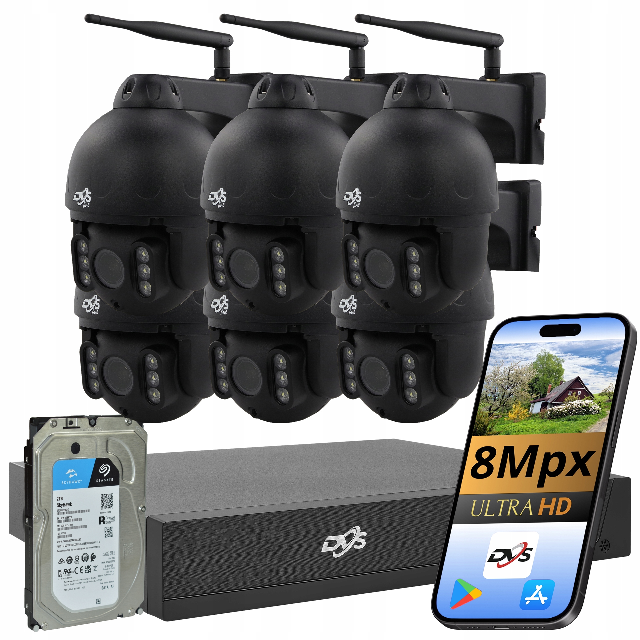 Sada 6 Otočných Kamer Wifi Monitoring 8 Mp 4K Bezdrátové Dvs 2TB