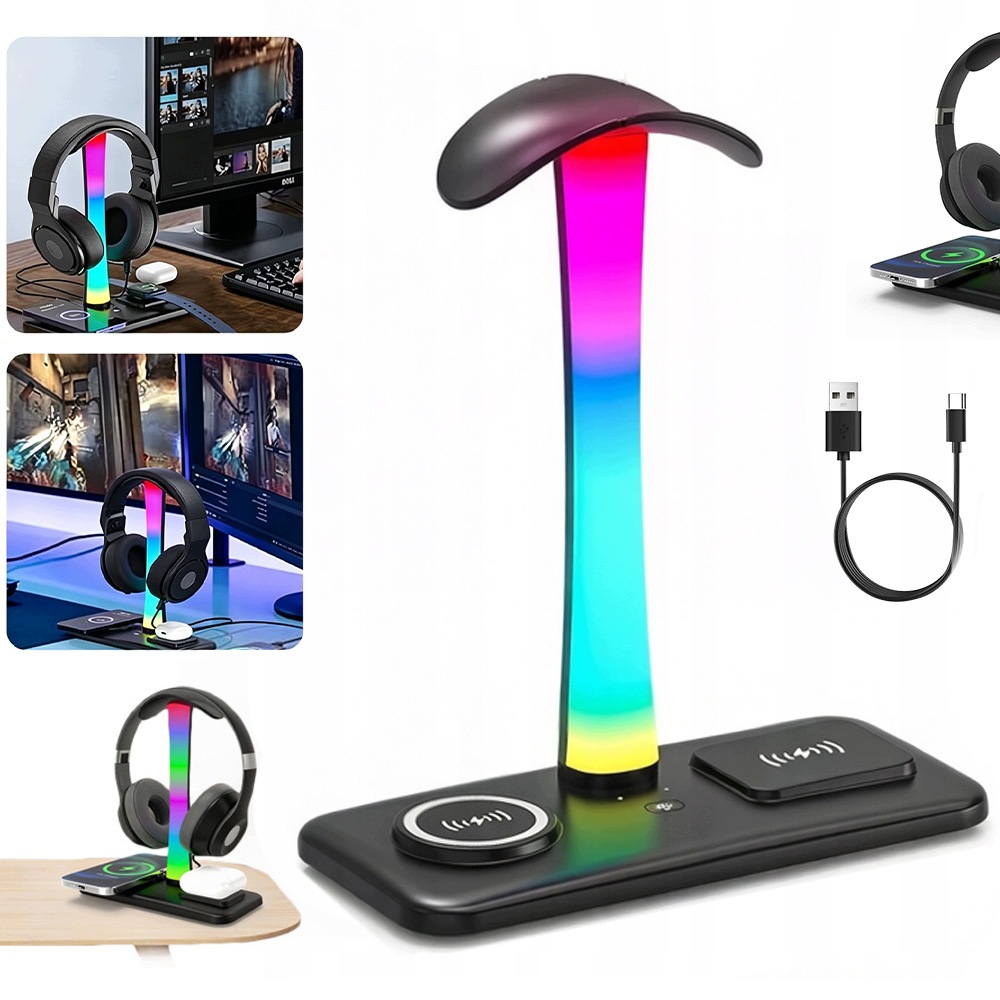Stojan Na Sluchátka Hold Rgb podsvícení Usb-a Usb-c Výstup Nabíjení