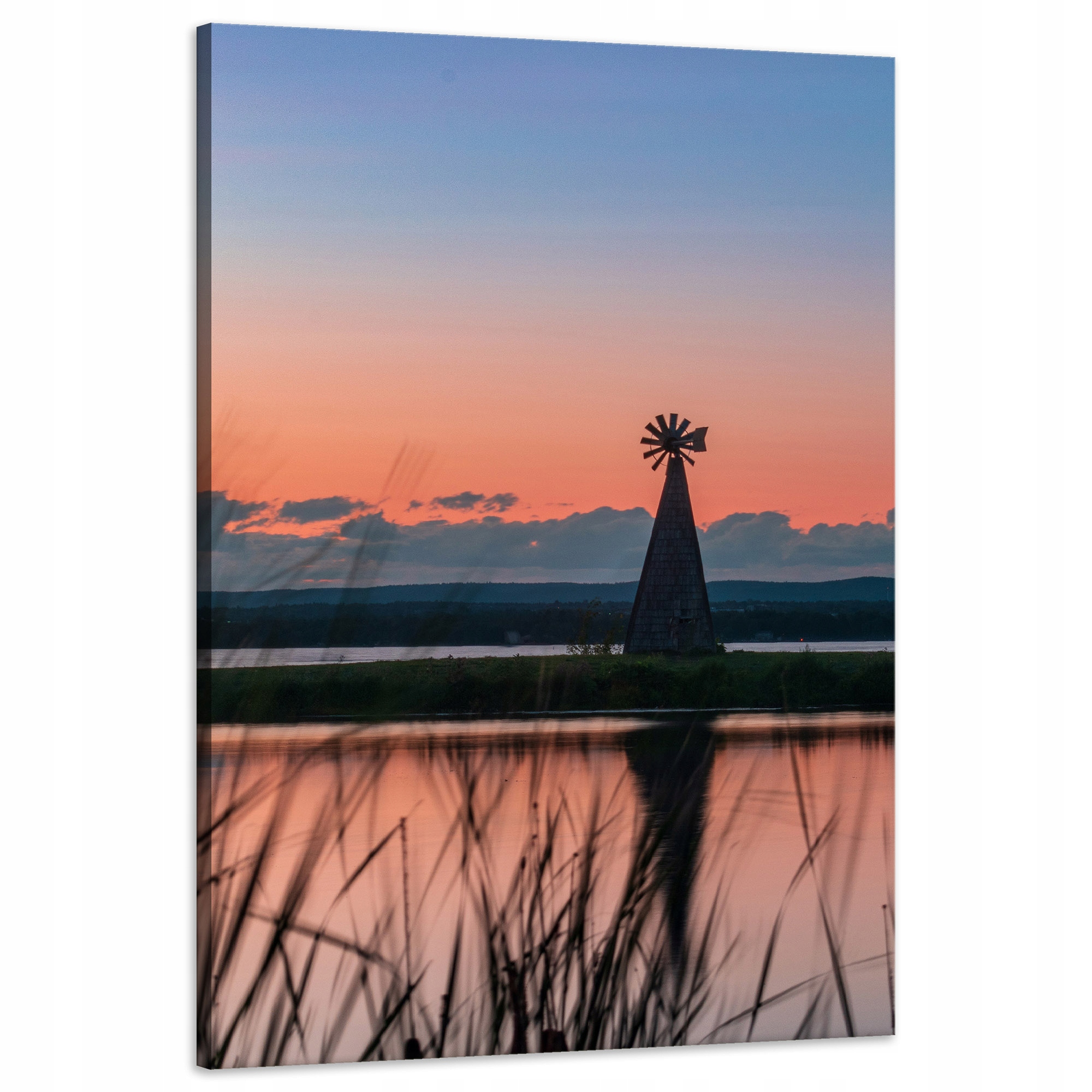 Obraz na plátně Větrný mlýn Nebe Příroda Západ Slunce Jezero Tráva 60x90