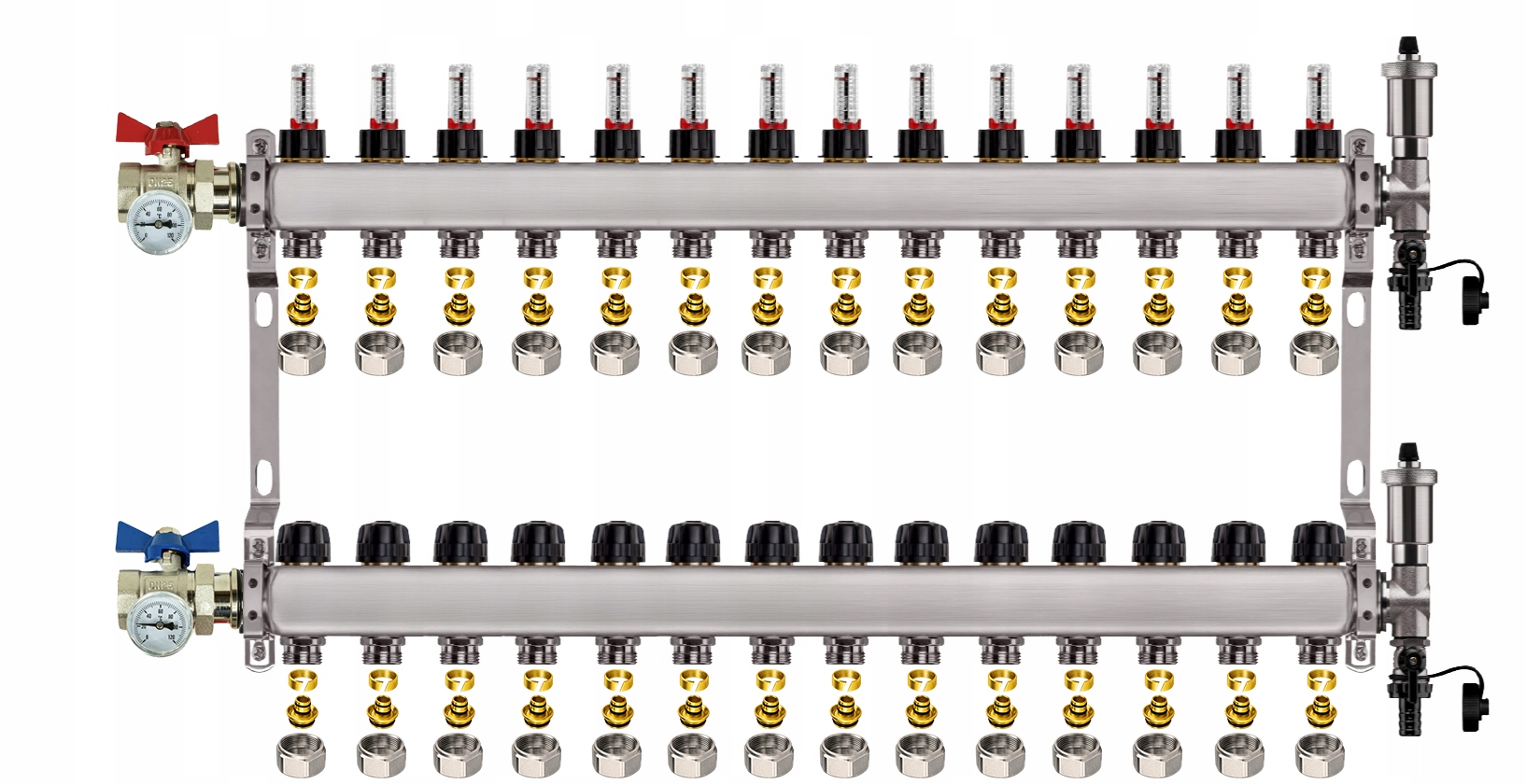Rozdělovač Pro Podlahovku 14 Nerezových Okruhů Ventily Pexové Spojky