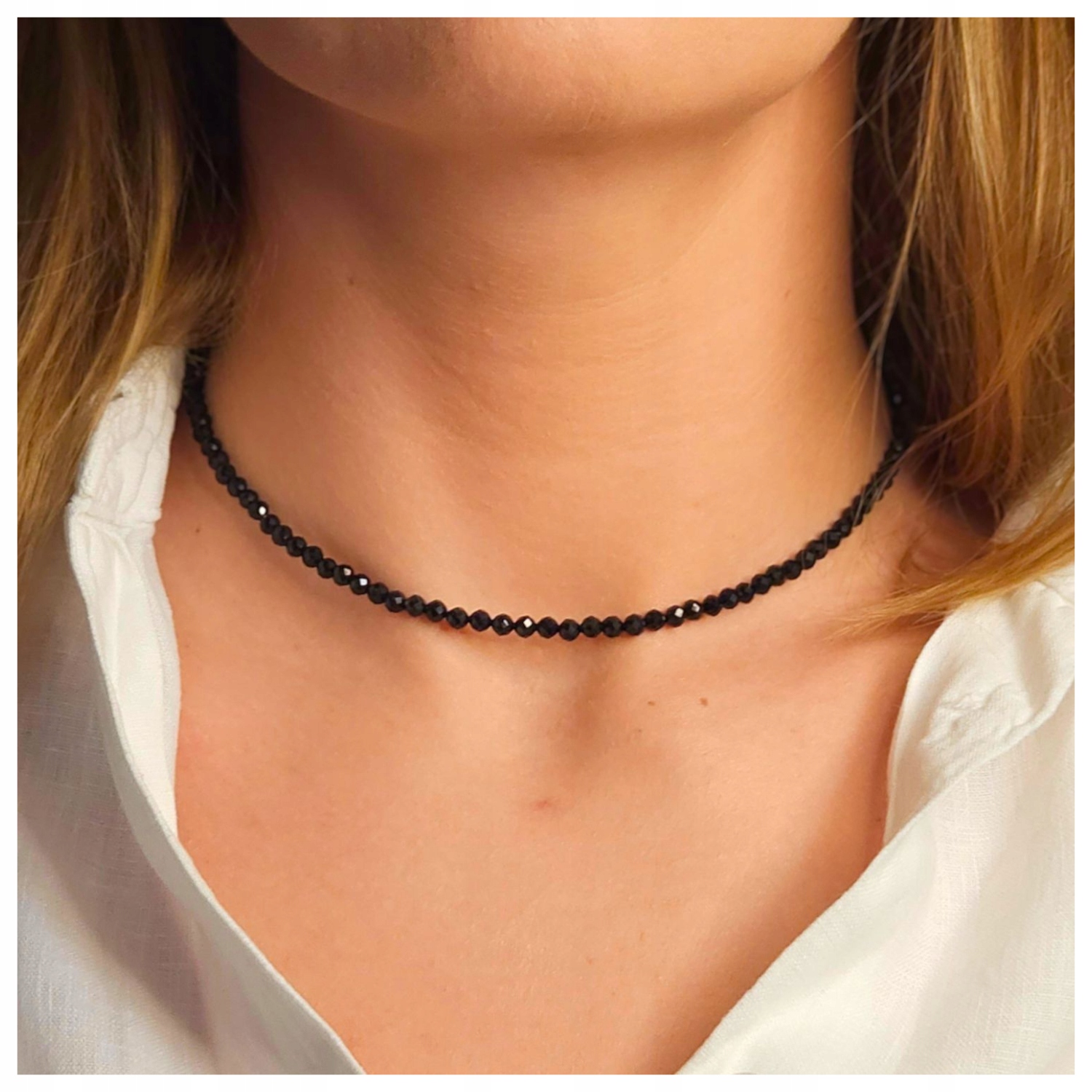 Naszyjnik damski turmalin czarny kule fasetowane stal szlachetna kamienie