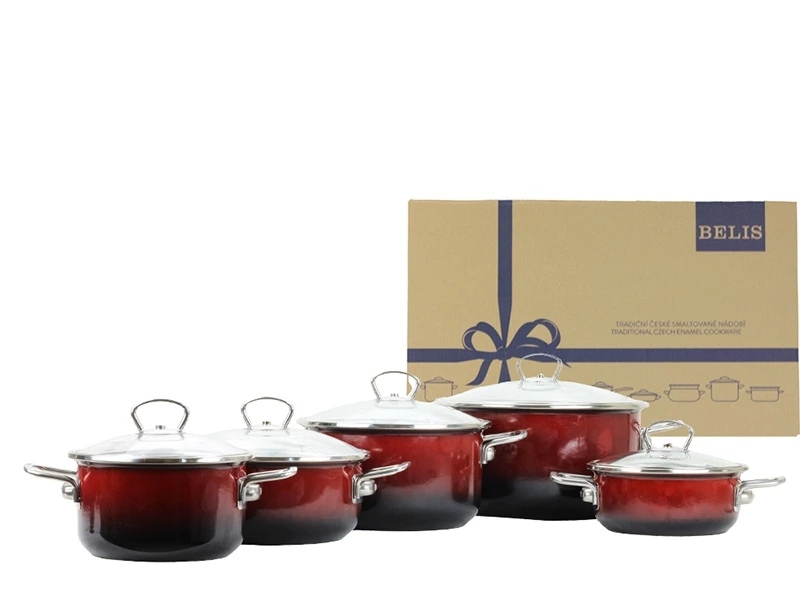 Belis Sada smaltovaného riadu Premium ombré červený 5-dielna