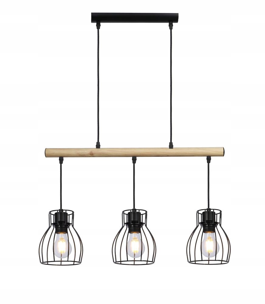 Závěsná lampa Bernita nad stůl Loft 3X60W E27 Dřevo Kov Stínidla Klece