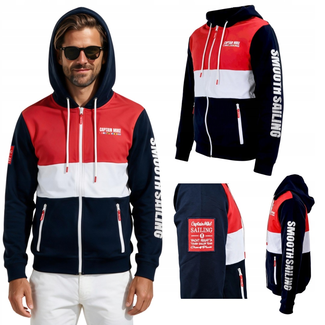 Pánská mikina Sailing rozepínací s kapucí modro-bílo-červená 3XL