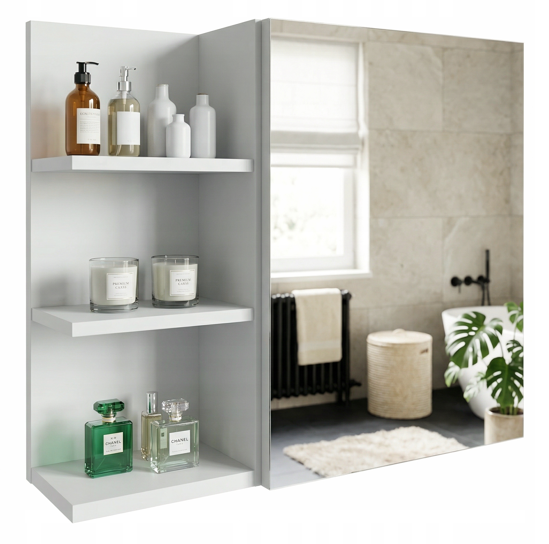 Skříňka Koupelnový Regál Bílý Mat S Policemi Zrcadlo Moderní Závěsná