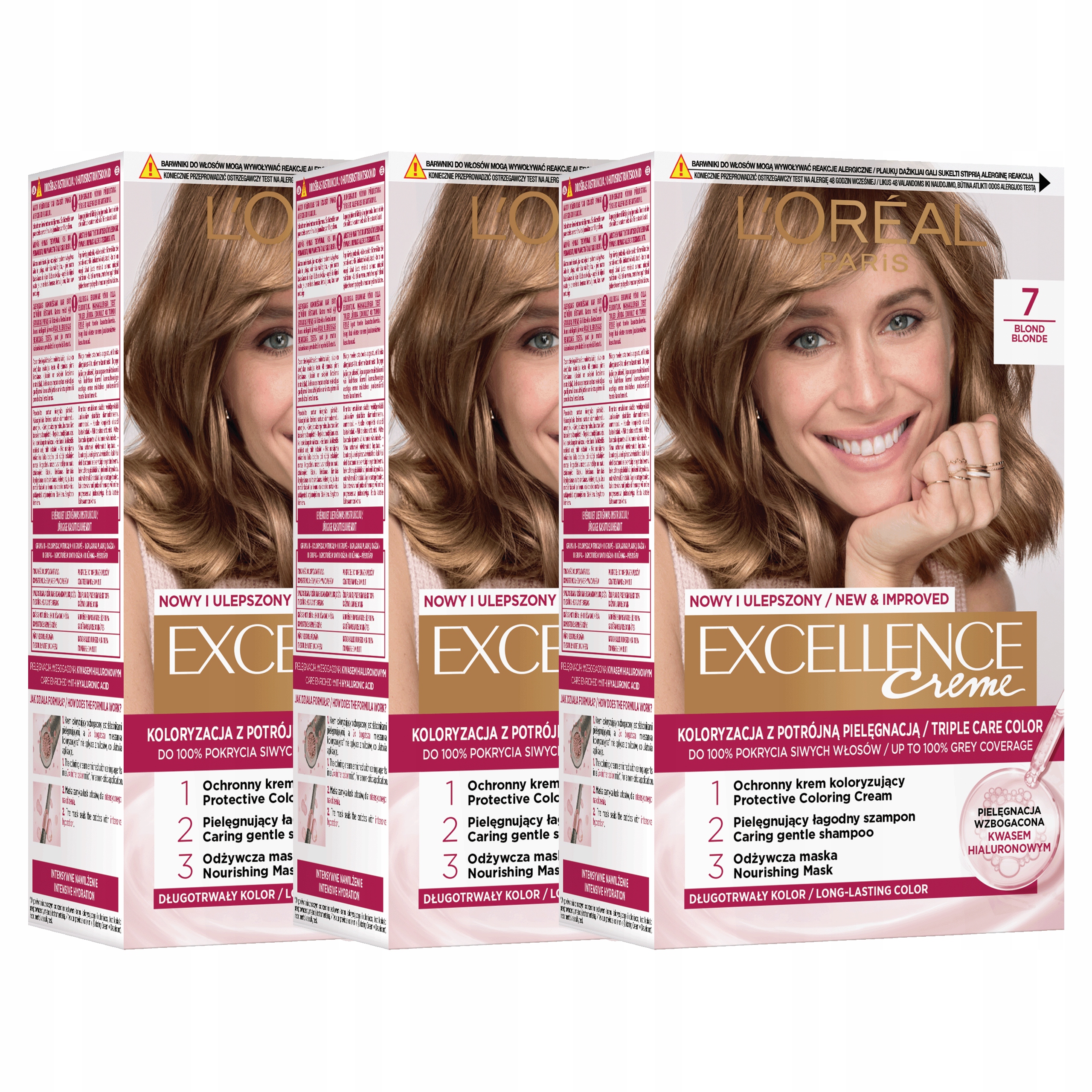 Zestaw 3x L'Oréal Excellence Farba do Włosów 7 Trwała Koloryzacja Blond