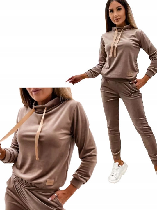 Welurowy Dres Damski Cappuccino Stójka Złote Detale Komplet M