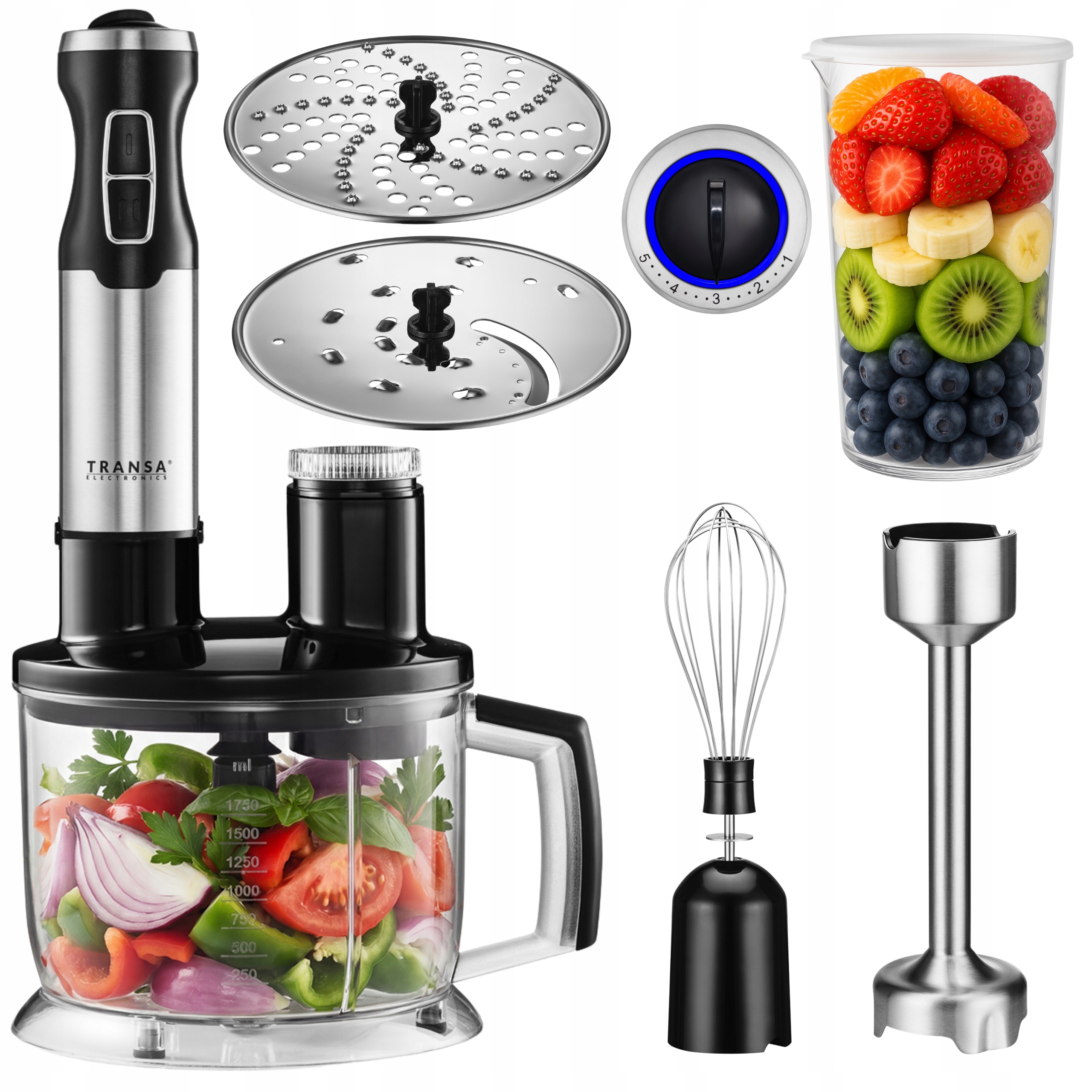 Blender Ręczny Wielofunkcyjny Tryb Turbo Malakser Zestaw 4w1 Duża Moc 1500W