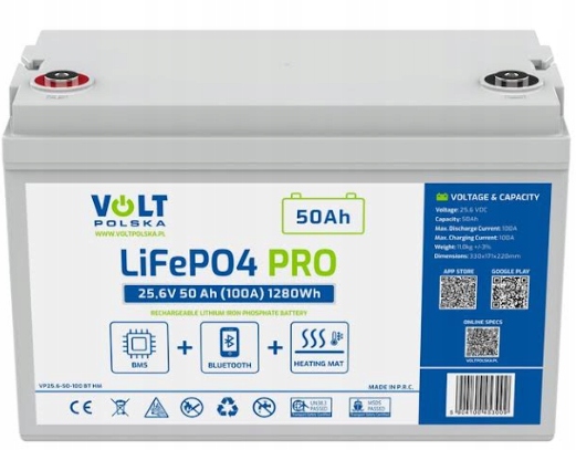 Akumulator LiFePO4 Bms 25,6V 50Ah (100A) Bluetooth mata grzewcza