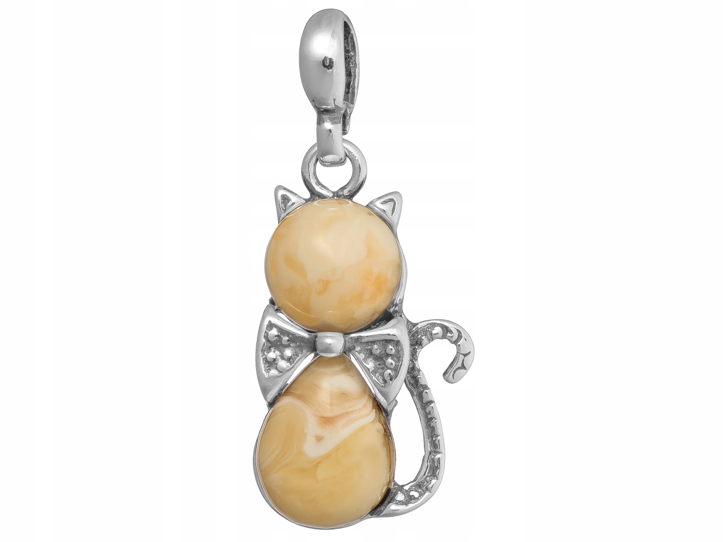 Stříbrný Přívěsek Kočička s mléčným jantarem Přívěsek Kočka s mašličkou 925