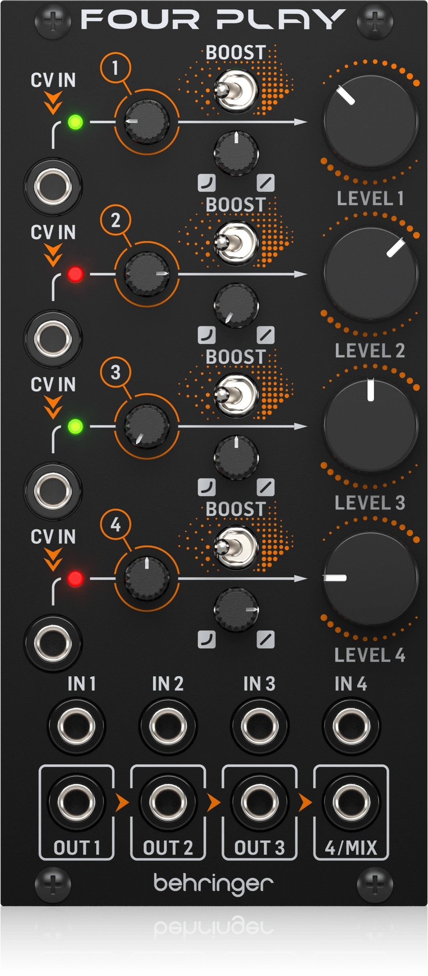 Behringer Four Play – čtyřnásobný Vca modul a Eurorack mixpult