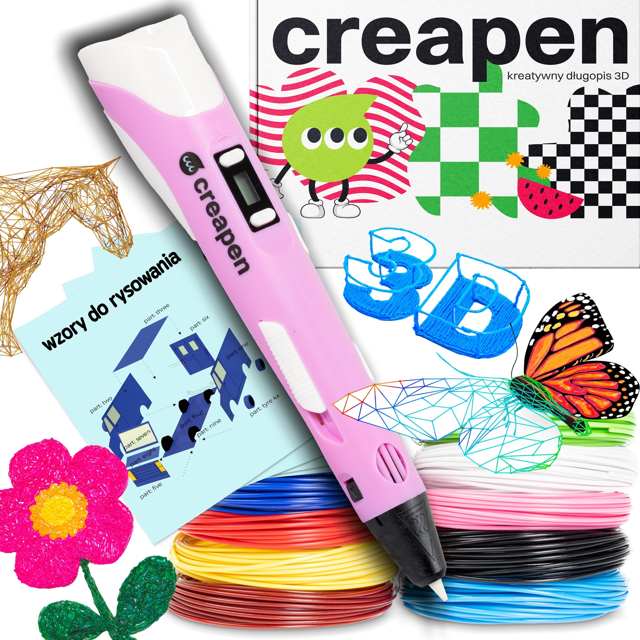 Długopis Pen 3D Creapen V4 Różowy 109m wkładów filamentów 75 szablonów