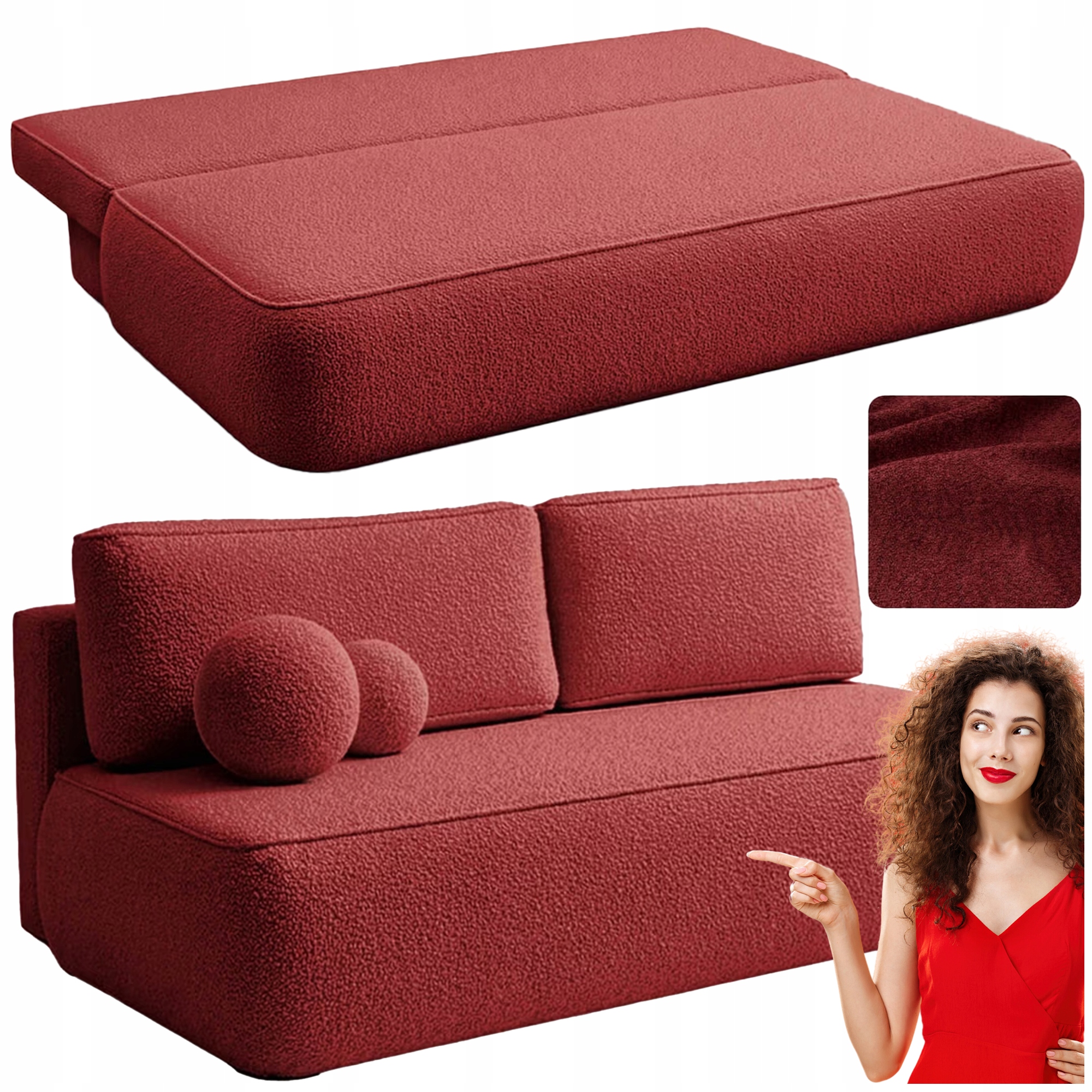 Sofa Rozkładana Kanapa z Funkcją Spania Dwuosobowa Boucle Czerwona Arveto
