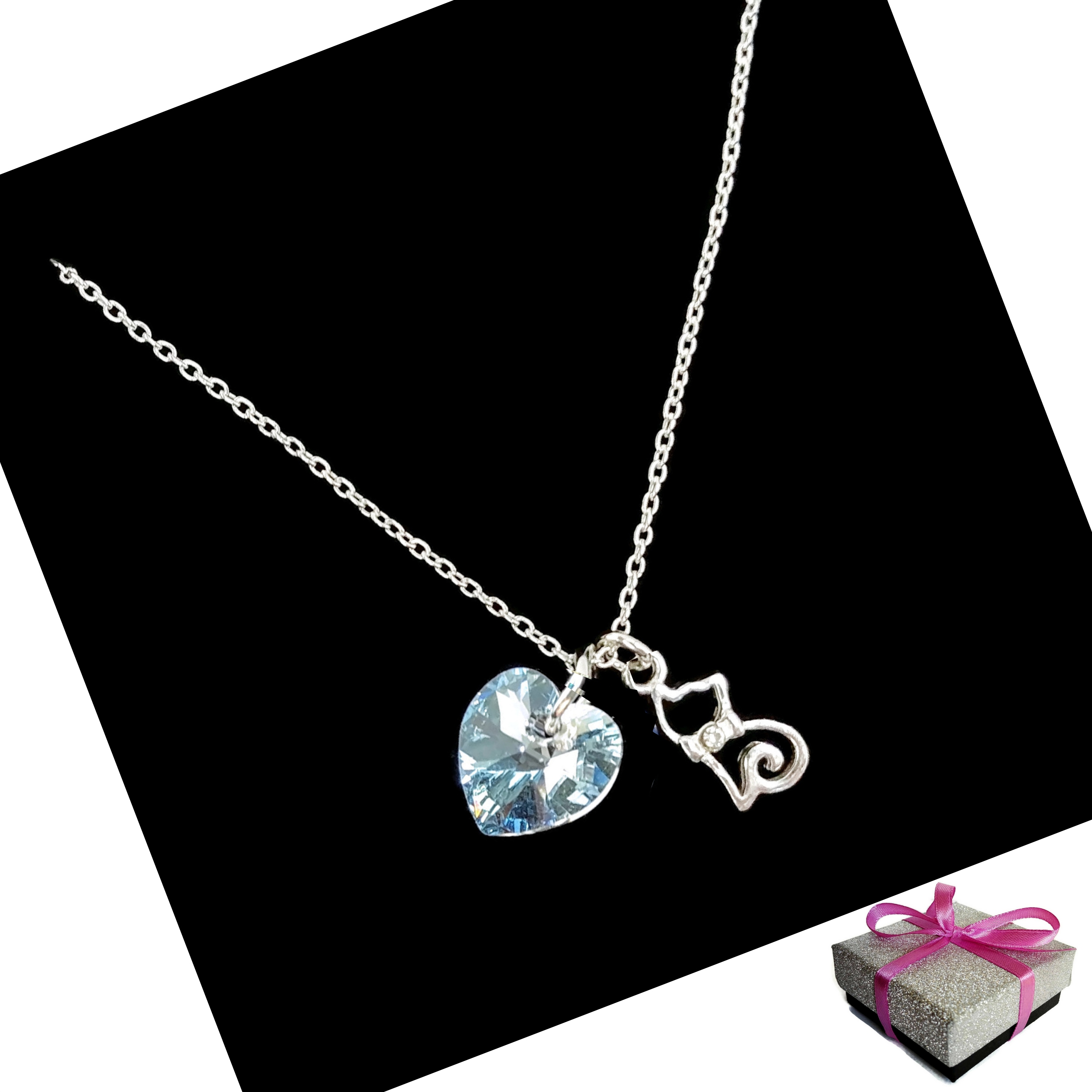 

Srebrny Naszyjnik Kot Kotek Serce Swarovski 925