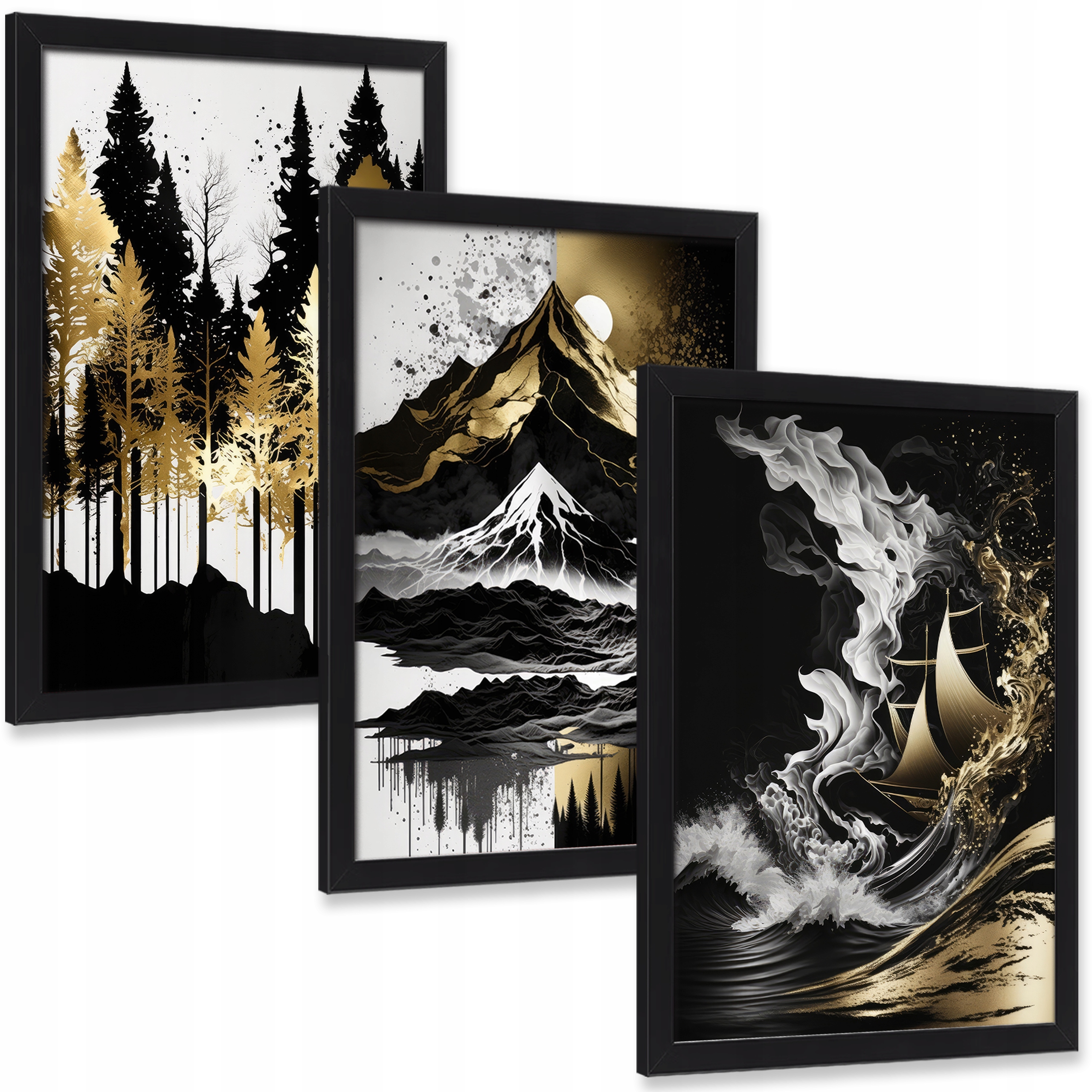 Obrazy złote Las Góry Morze zestaw trzy sztuki w ramce na ścianę 40x30 cm