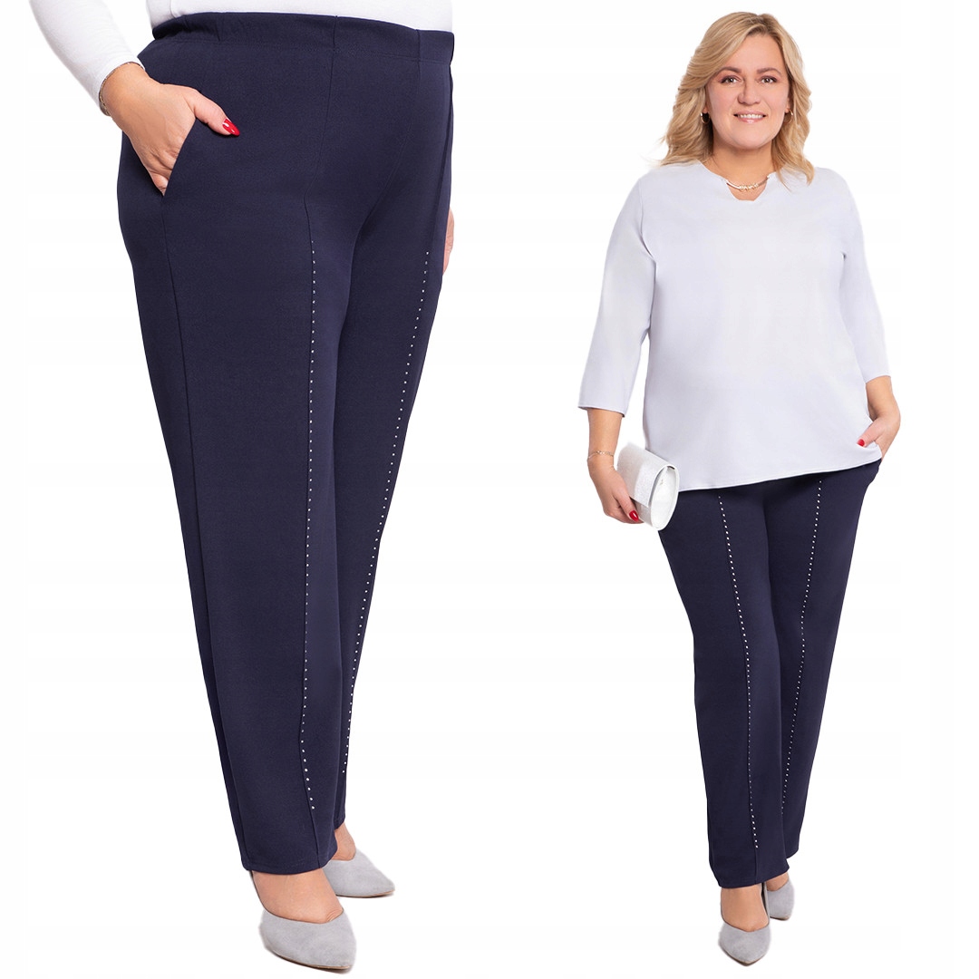 Tmavě modré kalhoty s krystaly na nohavicích, velikost 48/50