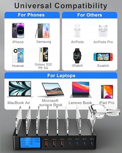 LADSTATION STACJA ŁADUJĄCA DLA RÓŻNYCH URZĄDZEŃ 245W 7 PORTÓW LCD — miniatura 6