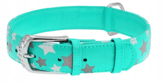 Kožený Obojek Reflexní Waudog Collar 35MM 46-60CM Turkus Hvězdičky