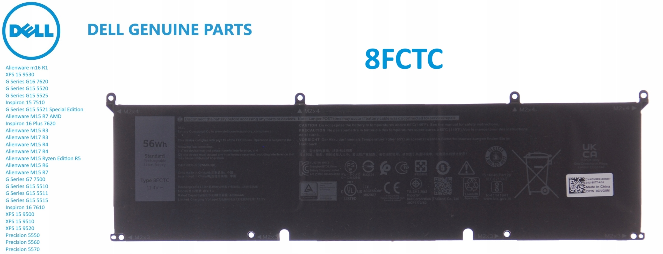 Bateria Dell Allienware M16 R1, M15 R3, M17 R3, M15 R4, M17 R4 Model: 8FCTC