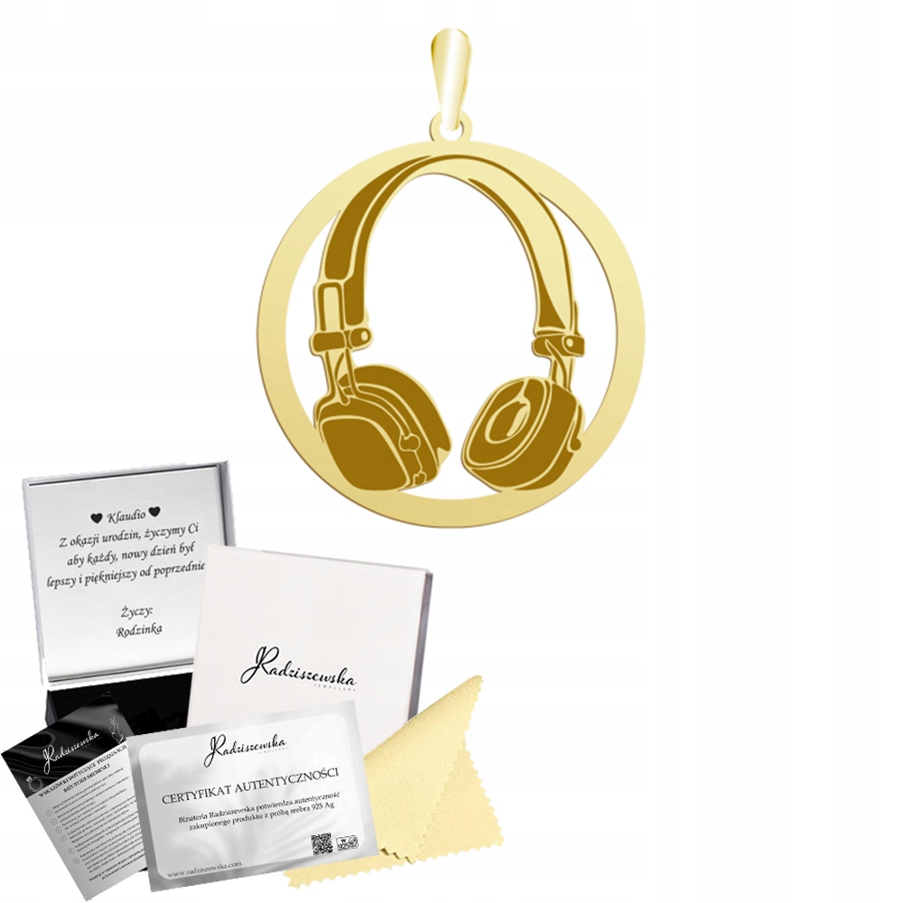 Přívěsek Zlatá sluchátka Dj Přívěsek 925 Dárek Šperky Gravírování Bonus