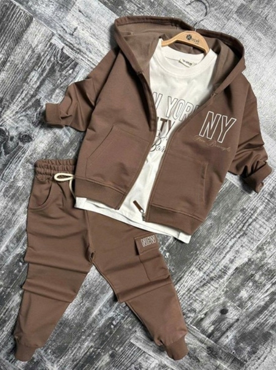 Dres chłopięcy komplet 3 cz bluza t-shirt spodnie brązowy r. 13-14 l. 164