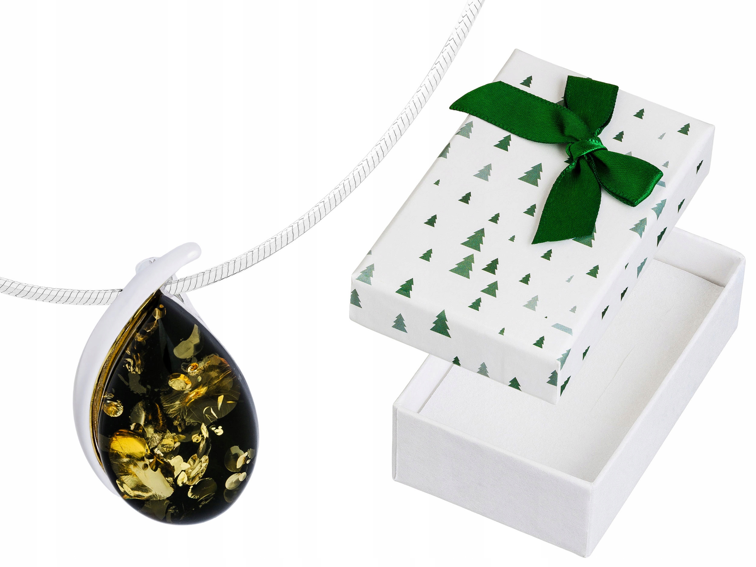 Krátký Stříbrný Dámský Náhrdelník Kapka se Zeleným Jantarem Slza 45 cm