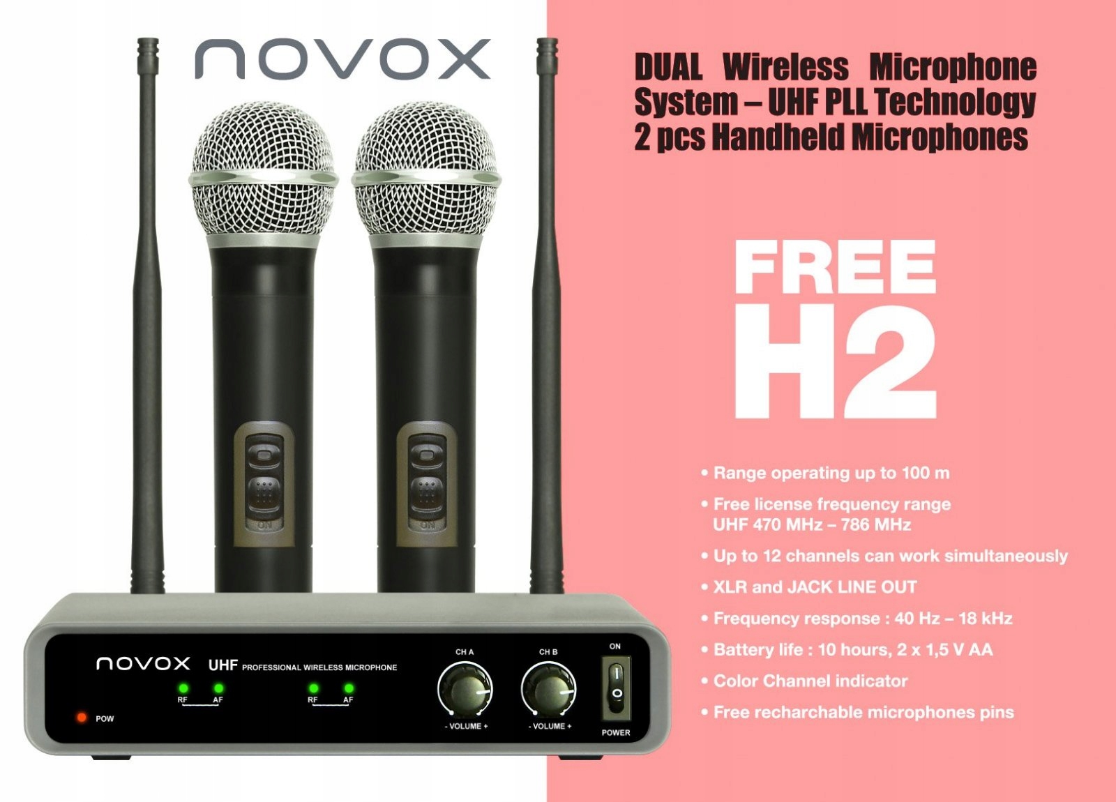Bezdrátový mikrofon Novox Free H2 se dvěma kusy, dvojitá sada mikrofonů