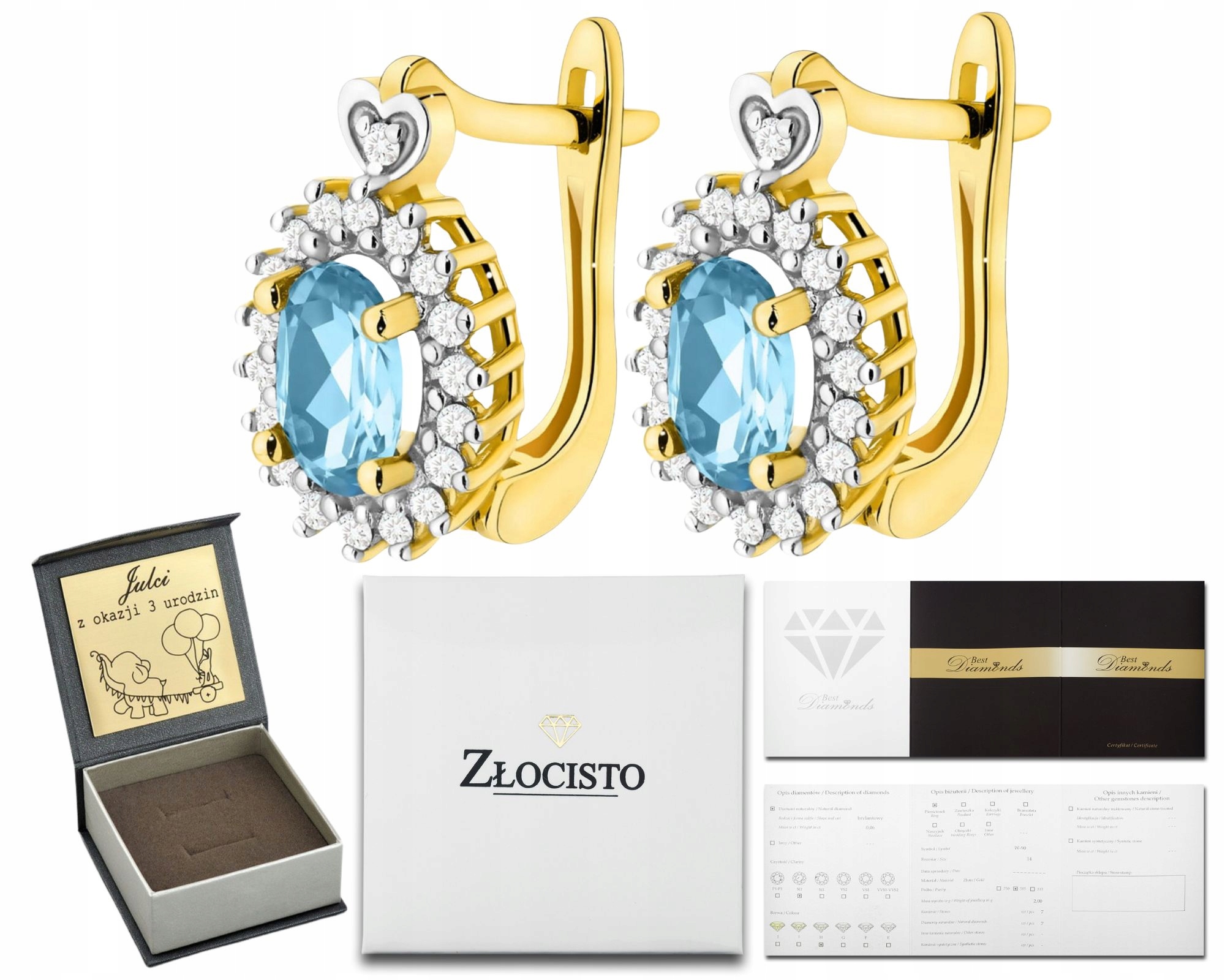 Zlaté Náušnice S Topazem A Diamanty Anglické Zapínání Zlato 585